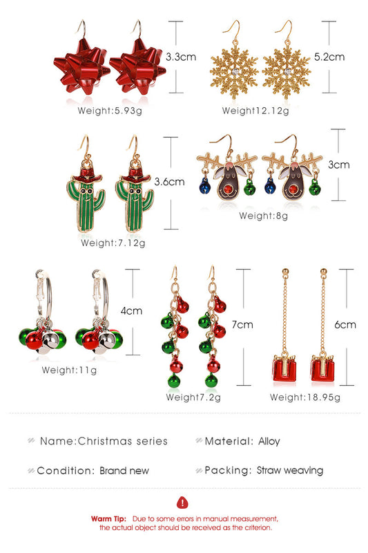 Christmas Snowflake Ribbon Earrings Cartoon Bell Christmas Gift