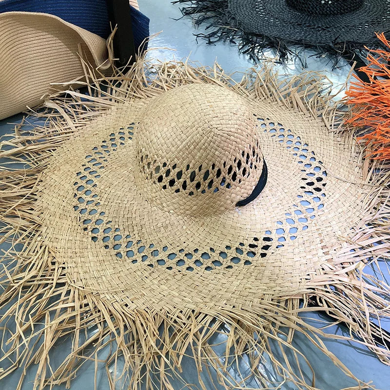 Big Brim Beach Hat For Women Summer Seaside Raffia Straw Hat Travel Vacation Visor Sun Hat Women's Hat With Colored Raw Edges