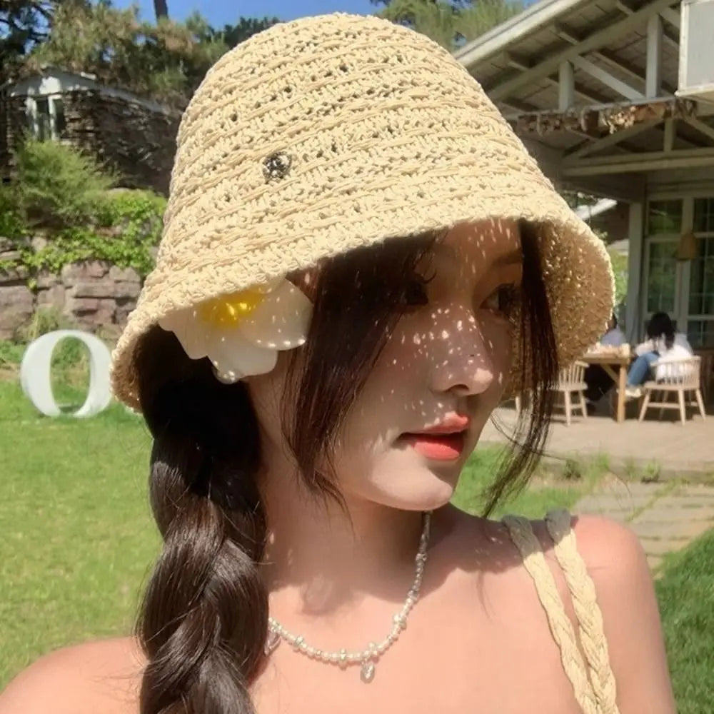 Elegant Summer Straw Sun Hat Wide Brim Breathable Straw Bucket Hat Vacation Hollow Beach Visor Cap Travel