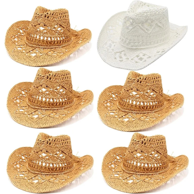 6 Pack Wide Brim Straw Cowboy Hats Summer Beach Cowgirl Hats Sparkly Western Cowgirl Hat Wedding Party Beach Sun Hat