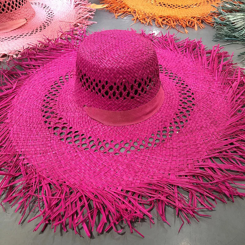 Big Brim Beach Hat For Women Summer Seaside Raffia Straw Hat Travel Vacation Visor Sun Hat Women's Hat With Colored Raw Edges