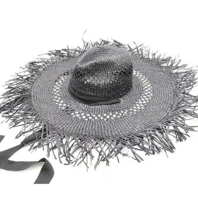 Big Brim Beach Hat For Women Summer Seaside Raffia Straw Hat Travel Vacation Visor Sun Hat Women's Hat With Colored Raw Edges