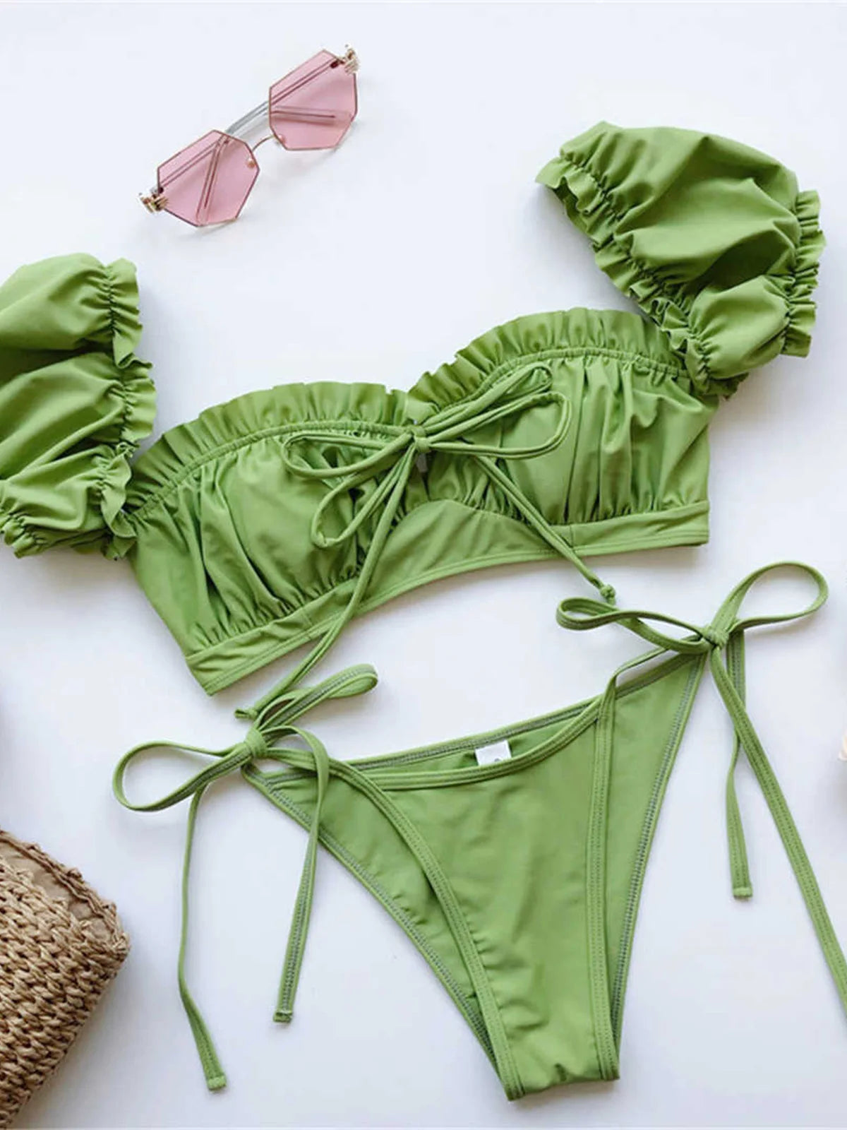 Short Sleeve Brazilian Pleated Ruched Bikini Swimsuit Female Women Swimwear Two-pieces Bikini set Bather Bathing Suit Swim V1729