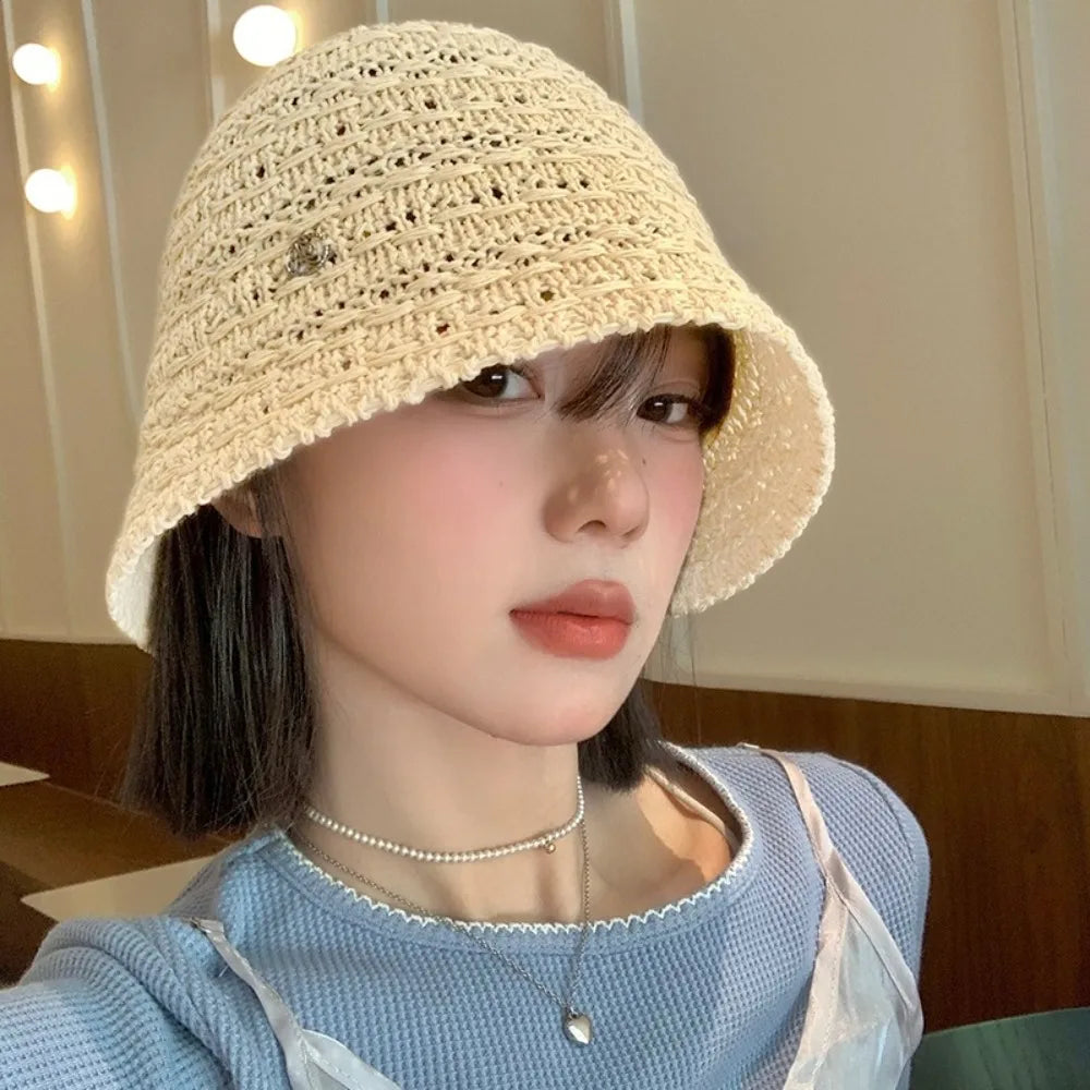Elegant Summer Straw Sun Hat Wide Brim Breathable Straw Bucket Hat Vacation Hollow Beach Visor Cap Travel