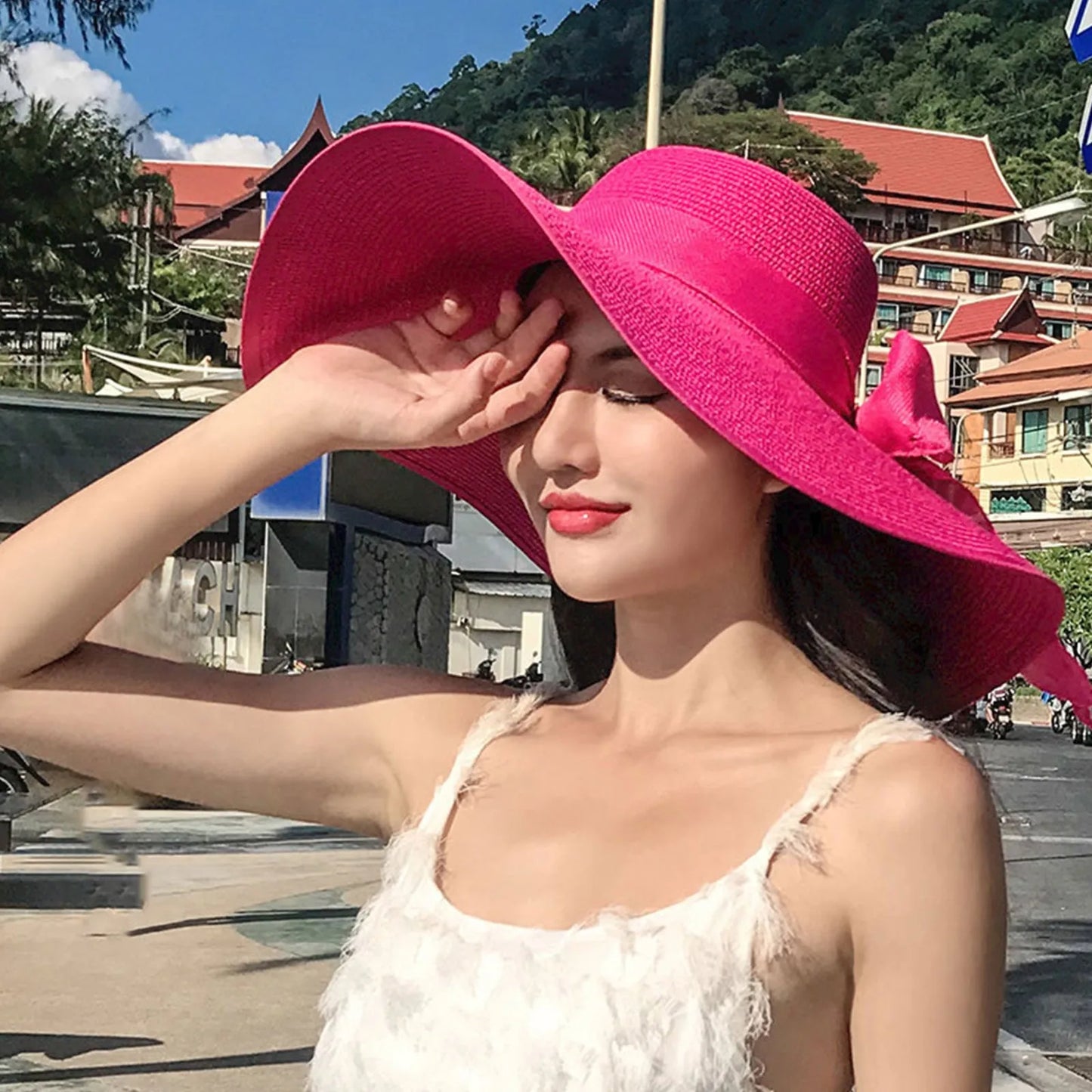 Oversized brim women's Sun Hat Fashion Bow tie beach sun hats Summer Large Brim Sun Protection Hat Vacation Fold Fisherman Cap