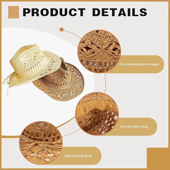 6 Pack Wide Brim Straw Cowboy Hats Summer Beach Cowgirl Hats Sparkly Western Cowgirl Hat Wedding Party Beach Sun Hat