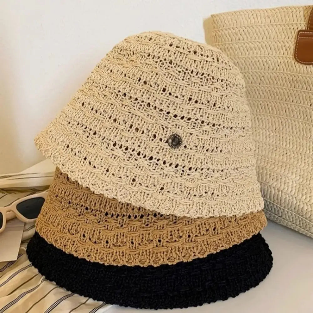 Elegant Summer Straw Sun Hat Wide Brim Breathable Straw Bucket Hat Vacation Hollow Beach Visor Cap Travel
