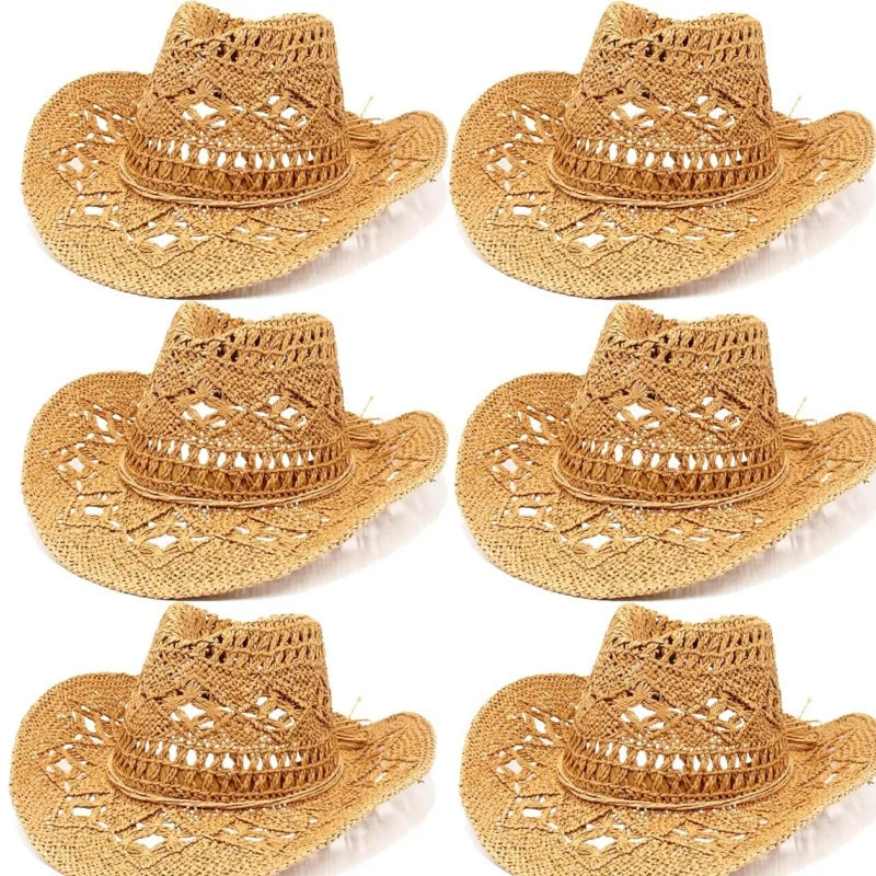 6 Pack Wide Brim Straw Cowboy Hats Summer Beach Cowgirl Hats Sparkly Western Cowgirl Hat Wedding Party Beach Sun Hat