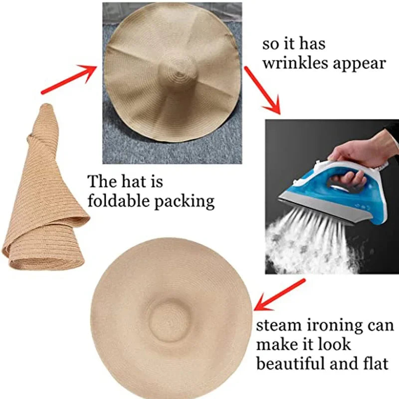Oversized 70cm Beach Straw Hat for Women Fashion Large Wide Brim Visor Hats Handmade Roll Up Floppy Sun Hat for Summer Beach Cap