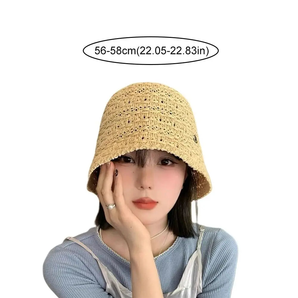 Elegant Summer Straw Sun Hat Wide Brim Breathable Straw Bucket Hat Vacation Hollow Beach Visor Cap Travel
