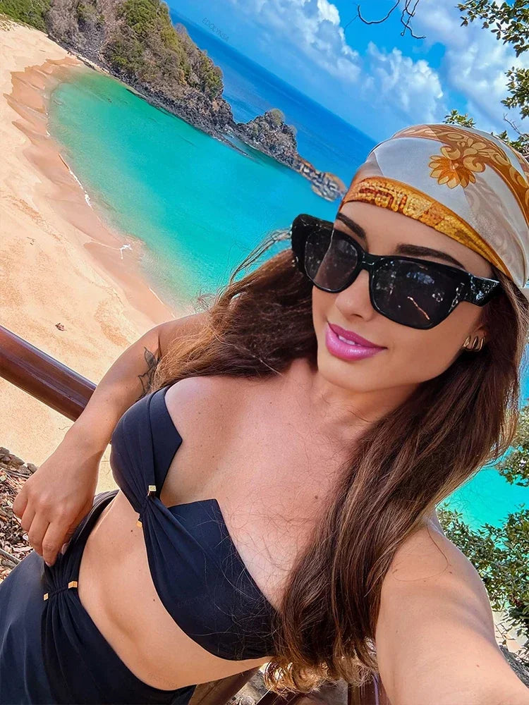 Sexy Beach Evening Dress 3 Piece Bikini Plunge Swimsuit High Split Maxi Dresses Swimming Coverup Skirt 2025 New Resort Wear S165