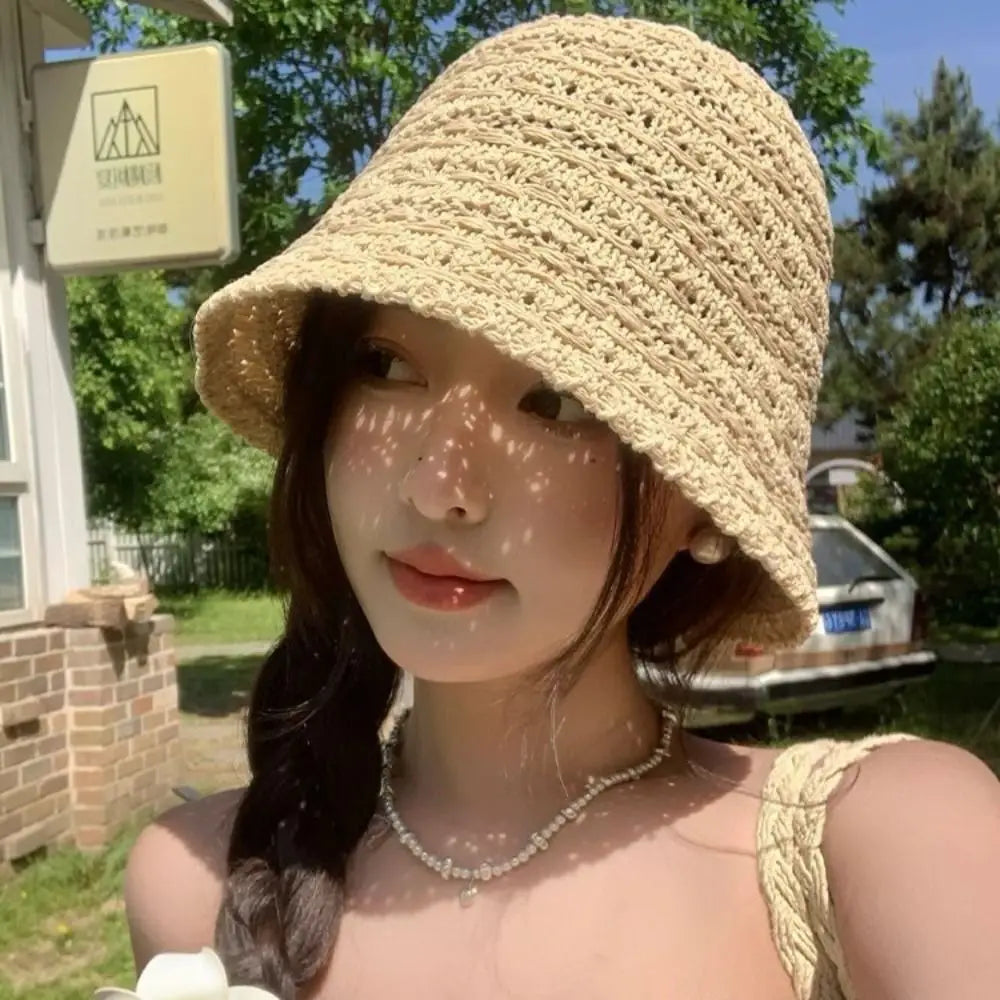 Elegant Summer Straw Sun Hat Wide Brim Breathable Straw Bucket Hat Vacation Hollow Beach Visor Cap Travel