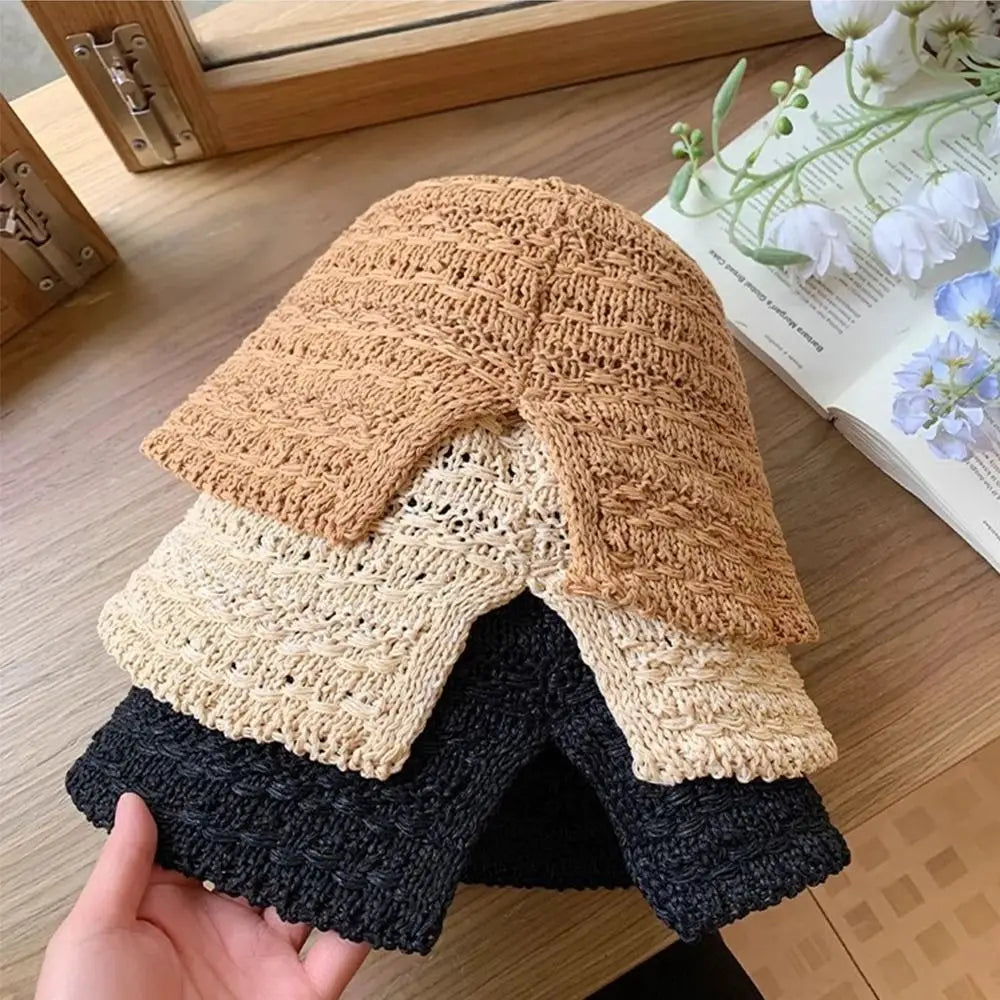 Elegant Summer Straw Sun Hat Wide Brim Breathable Straw Bucket Hat Vacation Hollow Beach Visor Cap Travel