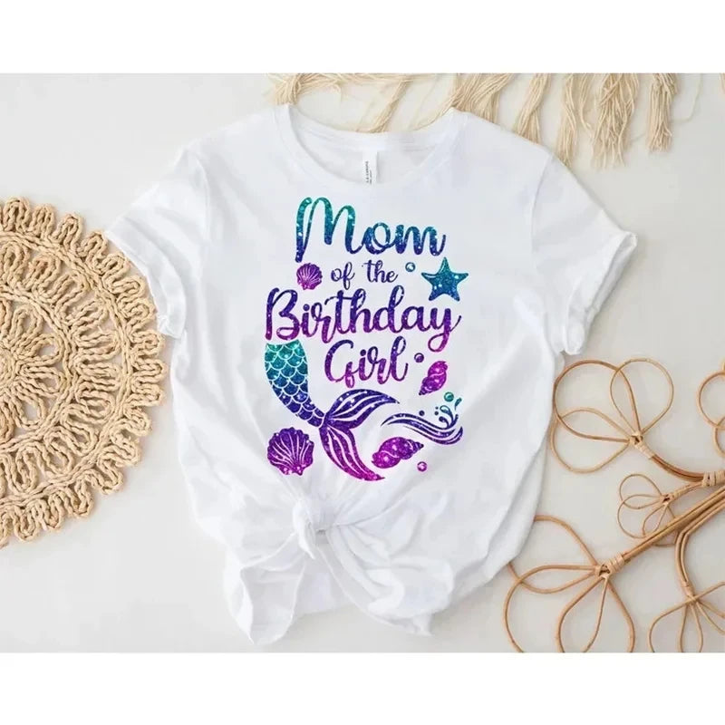 Fashion Mermaid Theme T Shirt Lovely Birthday Girl T-shirt Funny Family Matching Outfits Set Summer Women Men Cotton T shirt Top