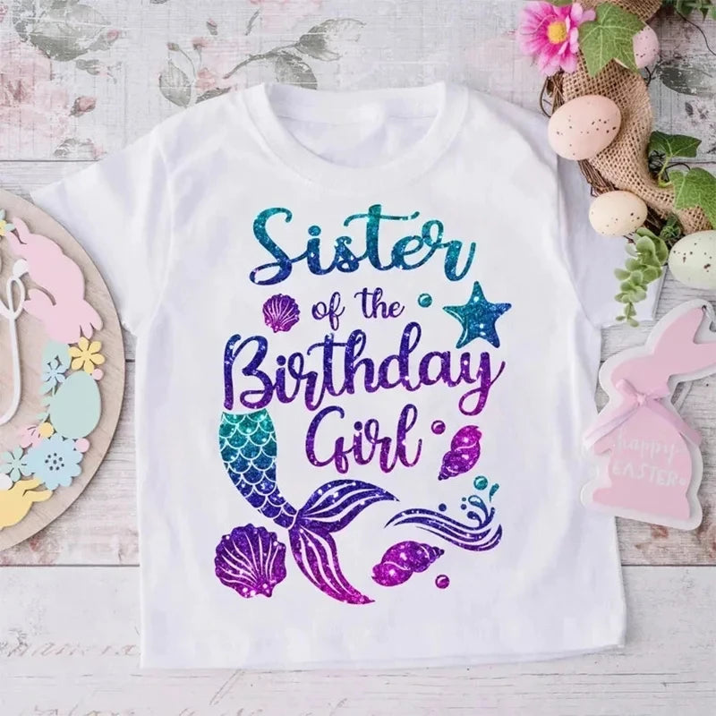 Fashion Mermaid Theme T Shirt Lovely Birthday Girl T-shirt Funny Family Matching Outfits Set Summer Women Men Cotton T shirt Top