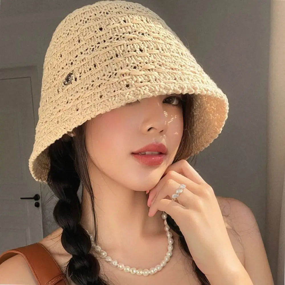 Elegant Summer Straw Sun Hat Wide Brim Breathable Straw Bucket Hat Vacation Hollow Beach Visor Cap Travel
