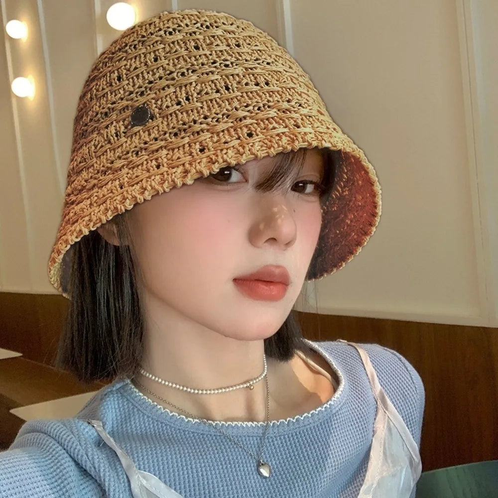Elegant Summer Straw Sun Hat Wide Brim Breathable Straw Bucket Hat Vacation Hollow Beach Visor Cap Travel