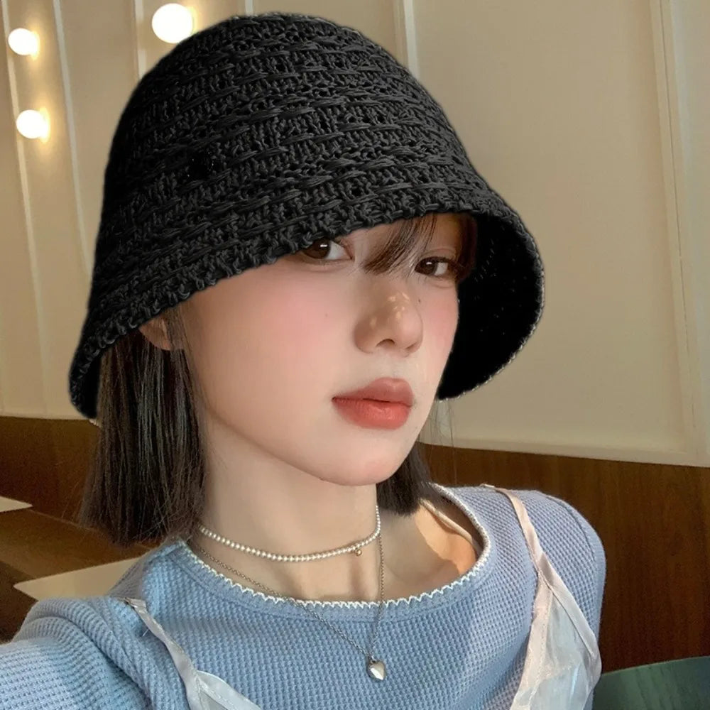 Elegant Summer Straw Sun Hat Wide Brim Breathable Straw Bucket Hat Vacation Hollow Beach Visor Cap Travel