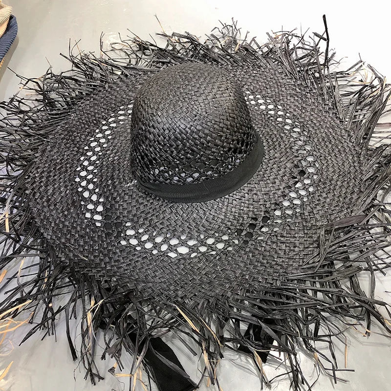 Big Brim Beach Hat For Women Summer Seaside Raffia Straw Hat Travel Vacation Visor Sun Hat Women's Hat With Colored Raw Edges
