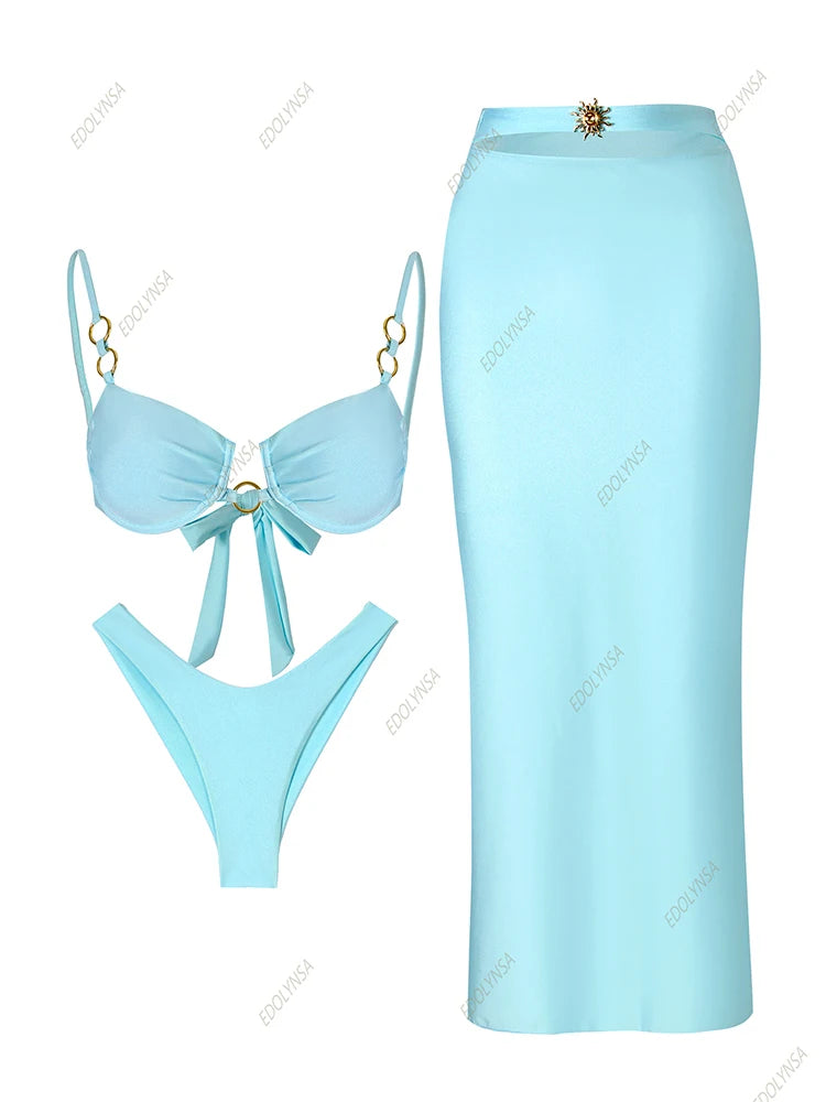 3 Pieces Sun Bikini Set for Women 2025 Sexy Swimsuit with Long Skirt Cover up Push up Bathing Suit Female Biquini Beachwear K86