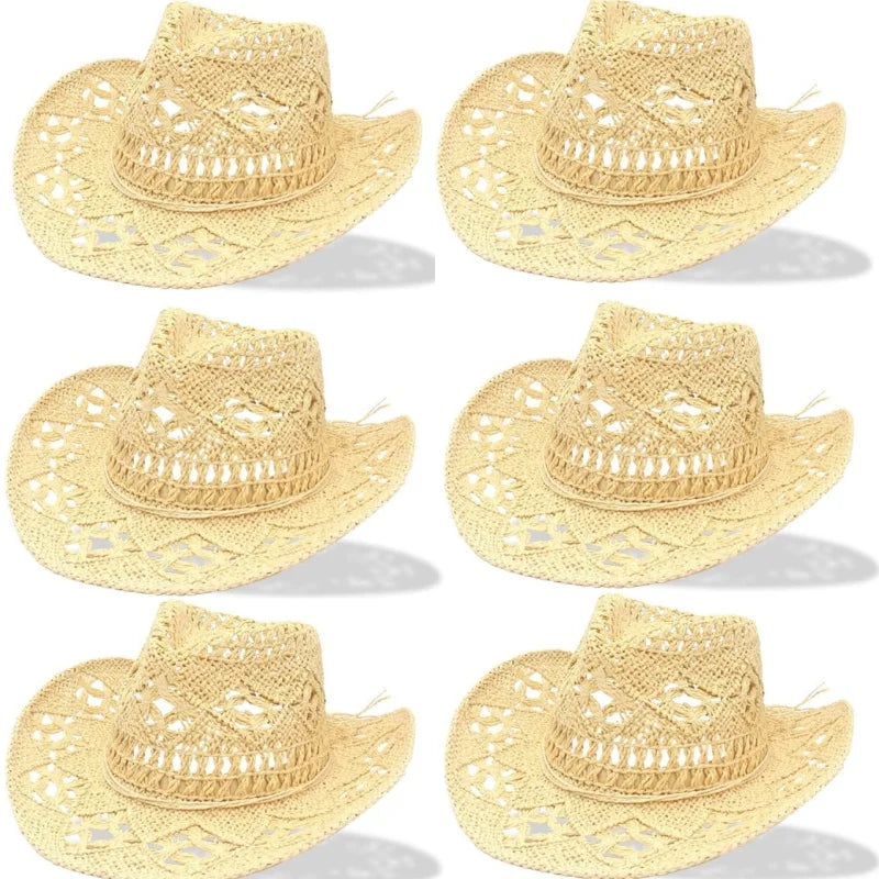 6 Pack Wide Brim Straw Cowboy Hats Summer Beach Cowgirl Hats Sparkly Western Cowgirl Hat Wedding Party Beach Sun Hat