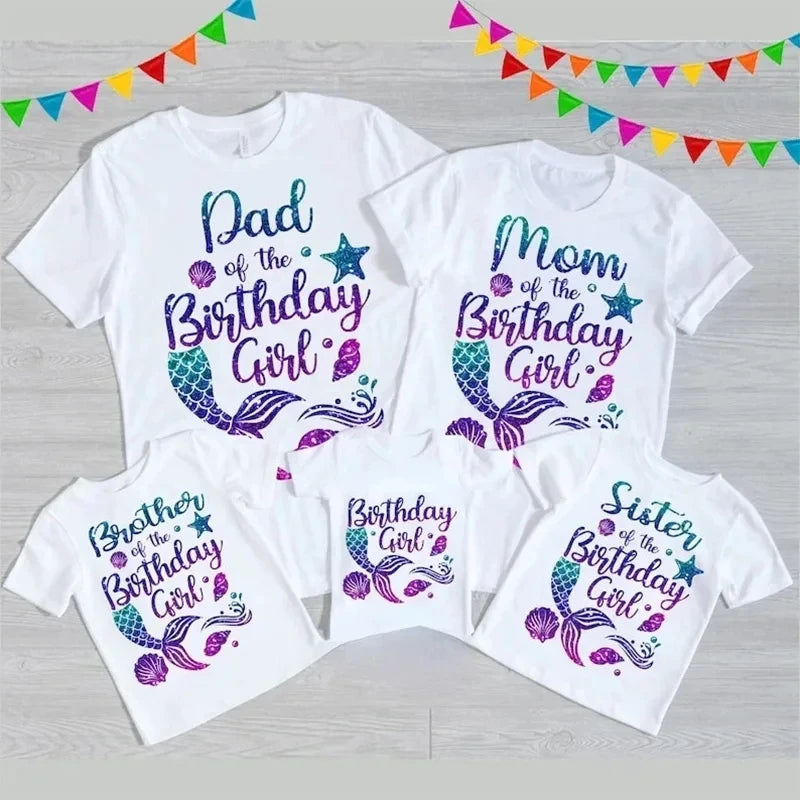 Fashion Mermaid Theme T Shirt Lovely Birthday Girl T-shirt Funny Family Matching Outfits Set Summer Women Men Cotton T shirt Top