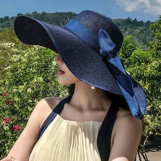Oversized brim women's Sun Hat Fashion Bow tie beach sun hats Summer Large Brim Sun Protection Hat Vacation Fold Fisherman Cap