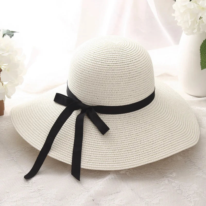 2025 Summer Wide Brim Straw Hat Women Men Beach Sun Hat Foldable for Travel Vacation Boho Style Adjustable Chin Strap Top Cap