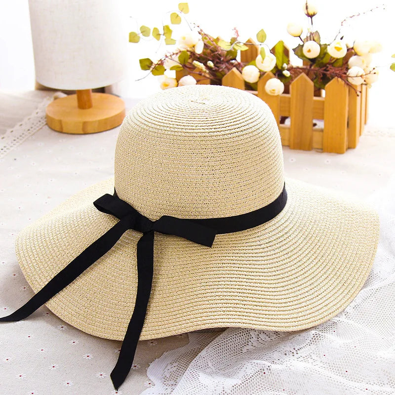 2025 Summer Wide Brim Straw Hat Women Men Beach Sun Hat Foldable for Travel Vacation Boho Style Adjustable Chin Strap Top Cap