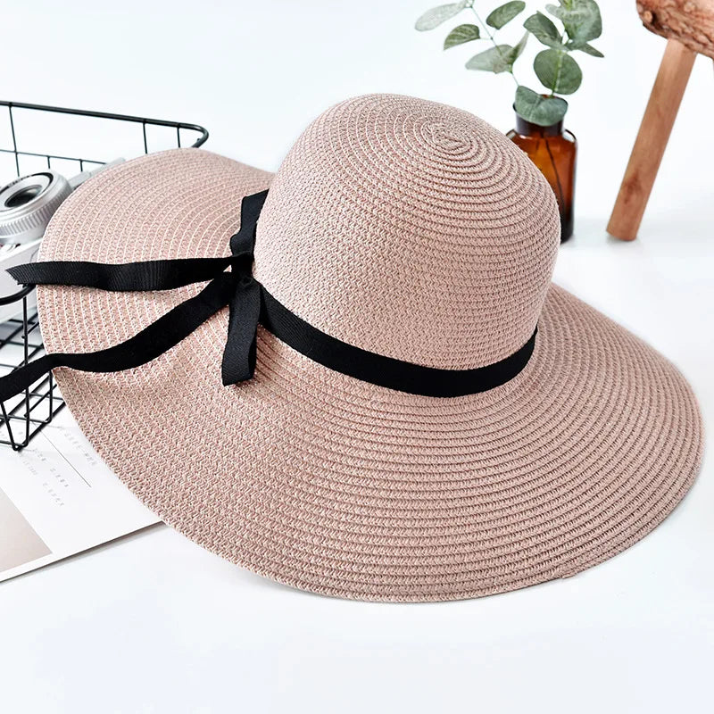 2025 Summer Wide Brim Straw Hat Women Men Beach Sun Hat Foldable for Travel Vacation Boho Style Adjustable Chin Strap Top Cap