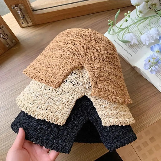 Elegant Summer Straw Sun Hat Wide Brim Breathable Straw Bucket Hat Vacation Hollow Beach Visor Cap Travel