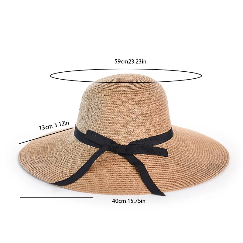 2025 Summer Wide Brim Straw Hat Women Men Beach Sun Hat Foldable for Travel Vacation Boho Style Adjustable Chin Strap Top Cap
