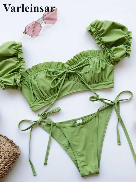 Short Sleeve Brazilian Pleated Ruched Bikini Swimsuit Female Women Swimwear Two-pieces Bikini set Bather Bathing Suit Swim V1729