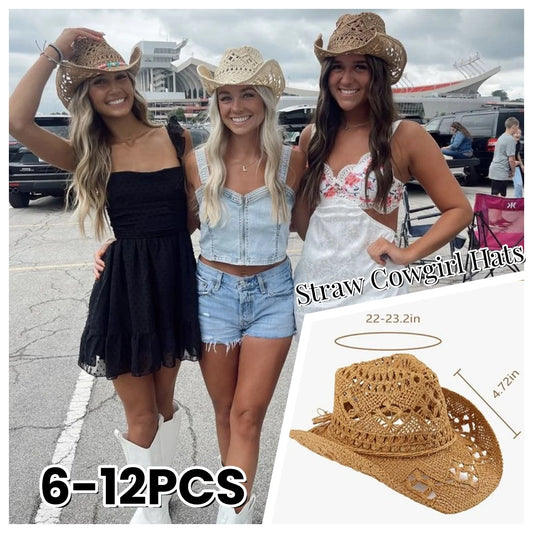 6 Pack Wide Brim Straw Cowboy Hats Summer Beach Cowgirl Hats Sparkly Western Cowgirl Hat Wedding Party Beach Sun Hat