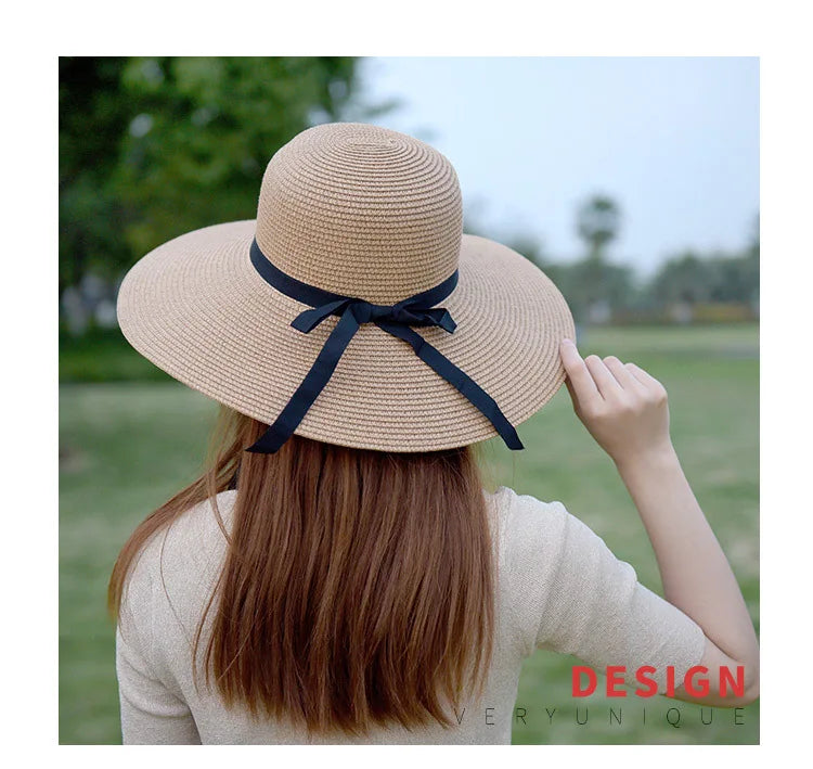 2025 Summer Wide Brim Straw Hat Women Men Beach Sun Hat Foldable for Travel Vacation Boho Style Adjustable Chin Strap Top Cap