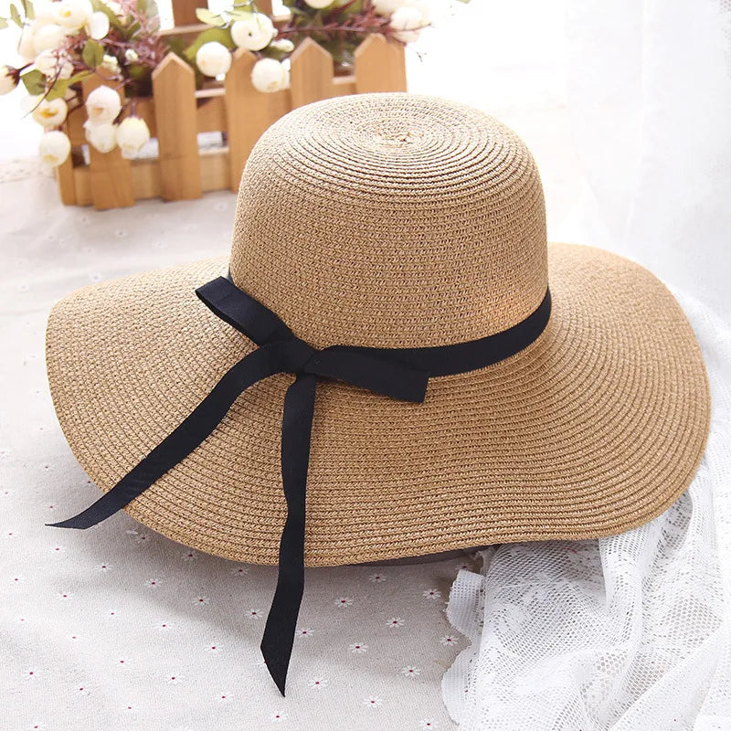 2025 Summer Wide Brim Straw Hat Women Men Beach Sun Hat Foldable for Travel Vacation Boho Style Adjustable Chin Strap Top Cap