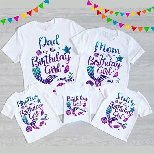 Fashion Mermaid Theme T Shirt Lovely Birthday Girl T-shirt Funny Family Matching Outfits Set Summer Women Men Cotton T shirt Top