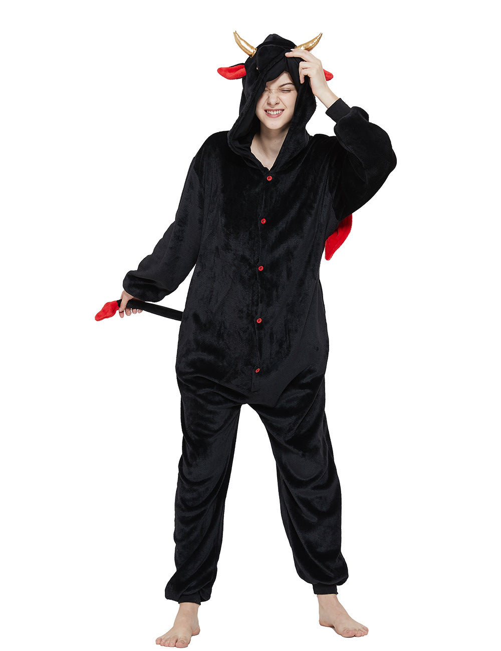 Adult Kigurumi Devil Onesies Flannel Cute Animal Pajamas Sets Kids Winter Demon Nightie Pyjamas Sleepwear Homewear